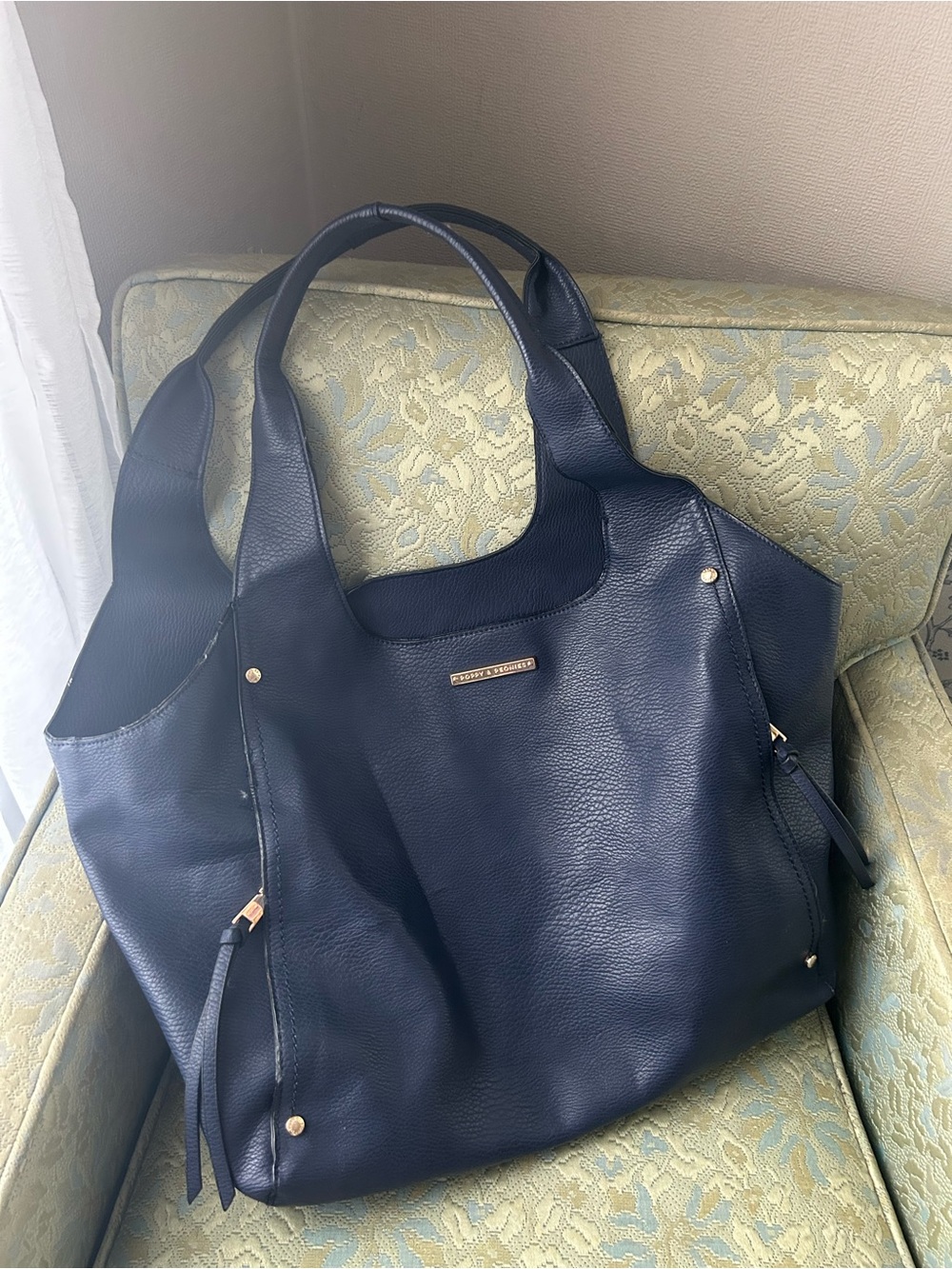Poppy & Peonies Navy Pebbled Leather Tote with Gold Accents